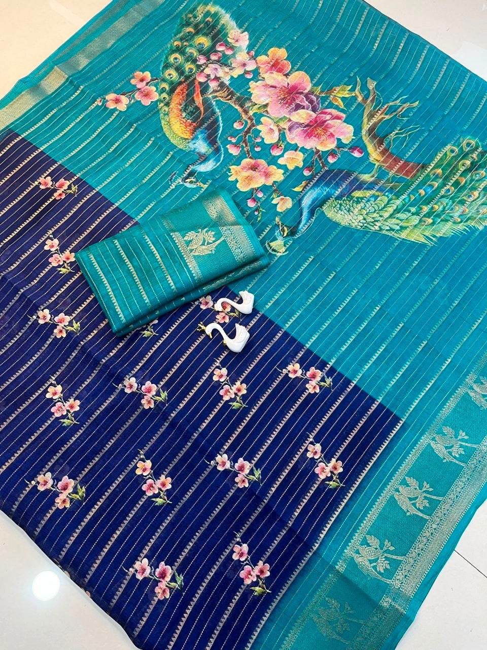 Pure Kolam Silk with Jacquard border Saree with Peacock Print in 5 colors