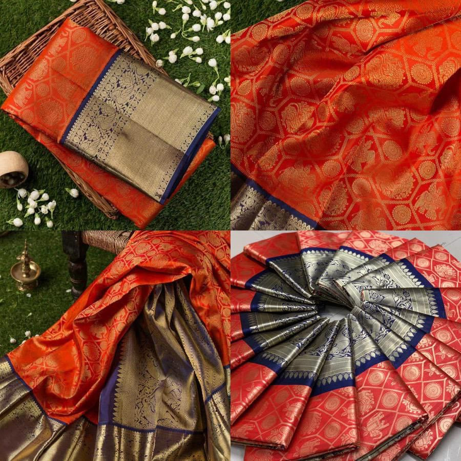 Dark Orange Cotton Silk Gold Weaving Saree