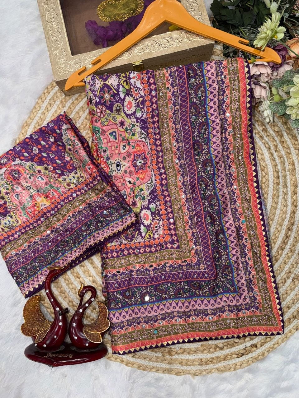 Trending Stylish Purple Mirror Handworked Designer Saree