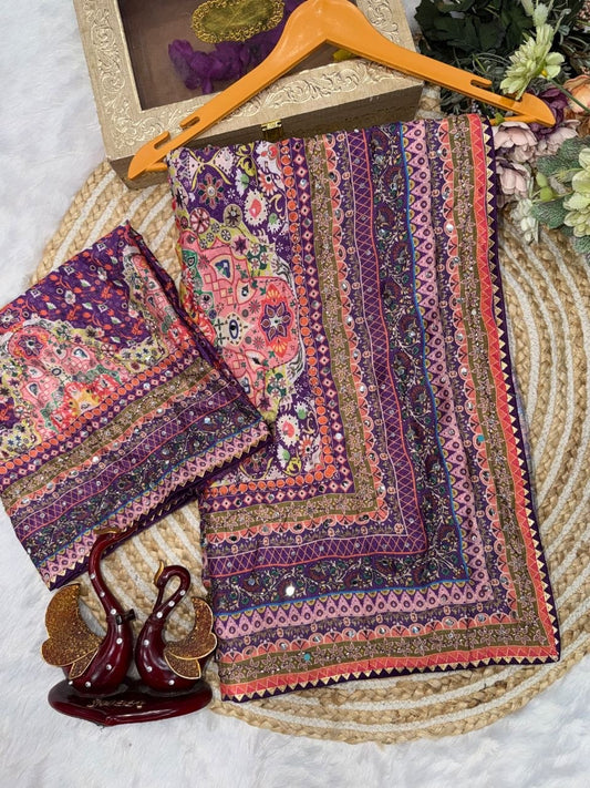 Trending Stylish Purple Mirror Handworked Designer Saree