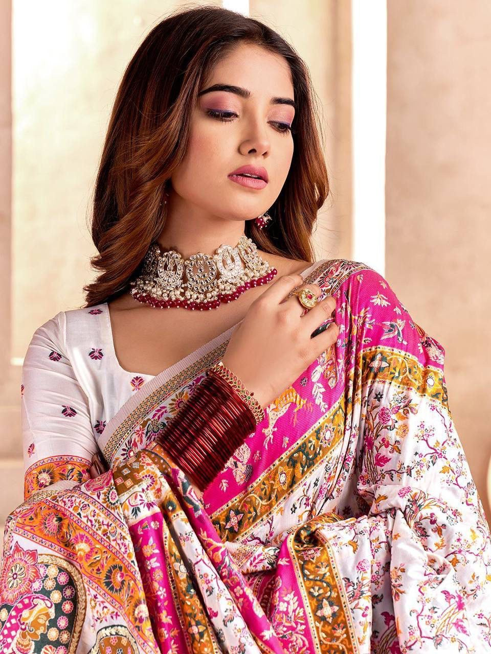 White Soft Rajwadi Pashmina Silk Weaving Saree