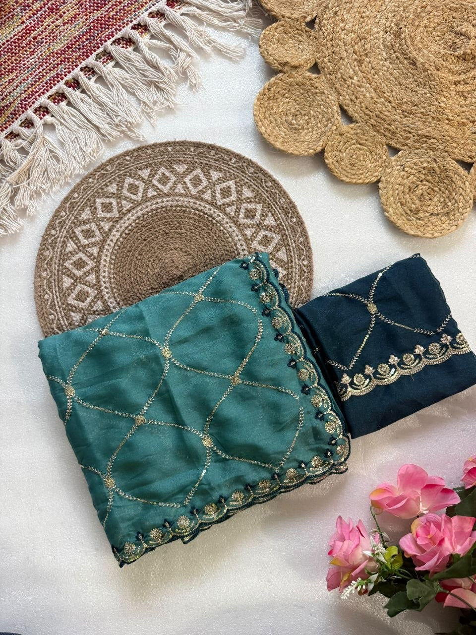 Teal Blue Pure Georgette Saree with Embroidery & Sequence Work