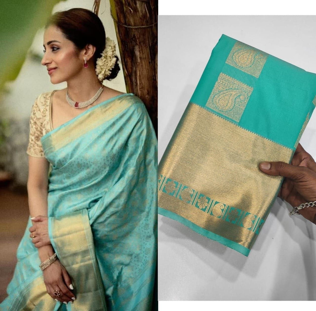 Sky Blue Kanchipuram Handloom Soft Silk Saree
