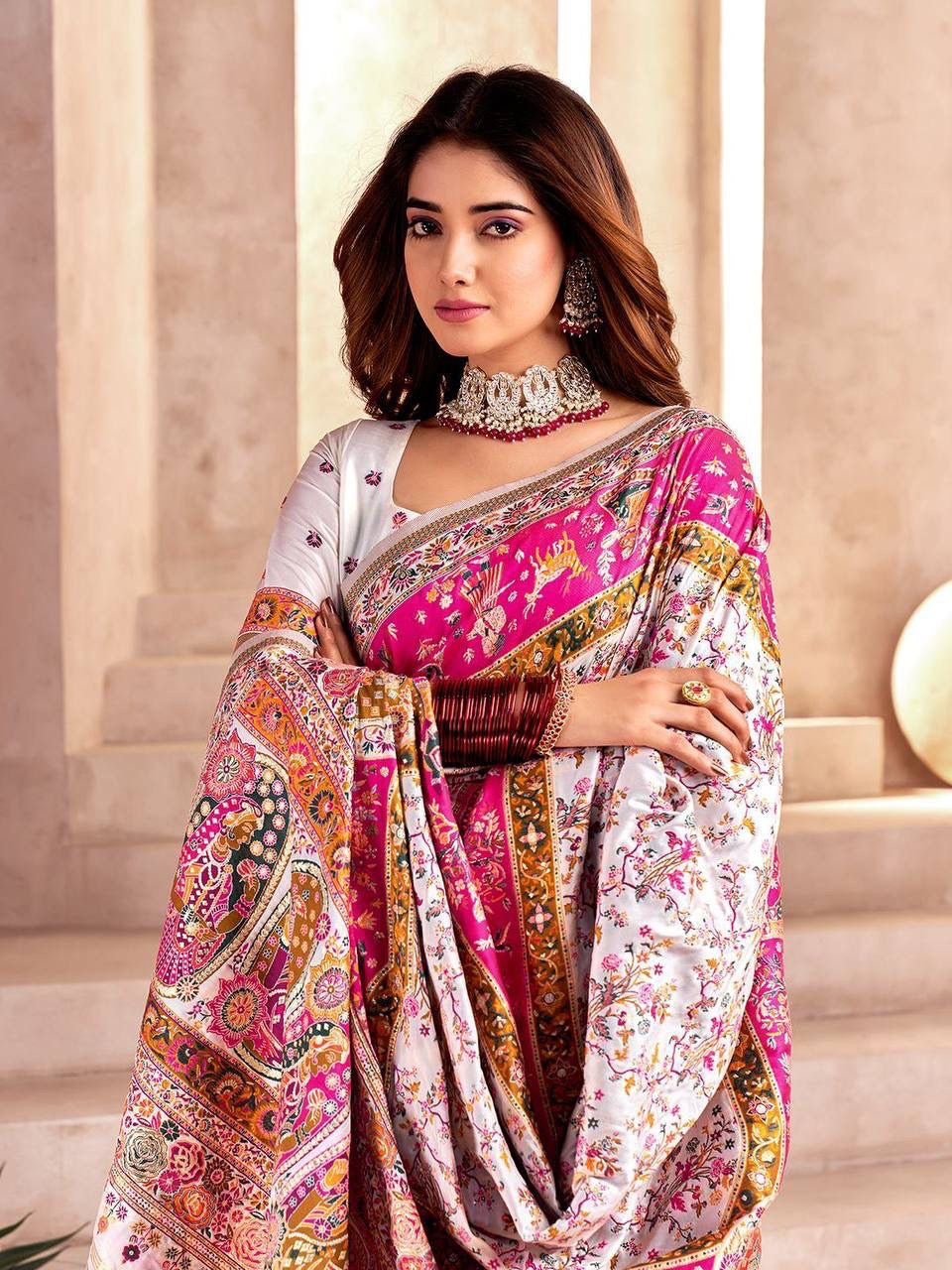 White Soft Rajwadi Pashmina Silk Weaving Saree