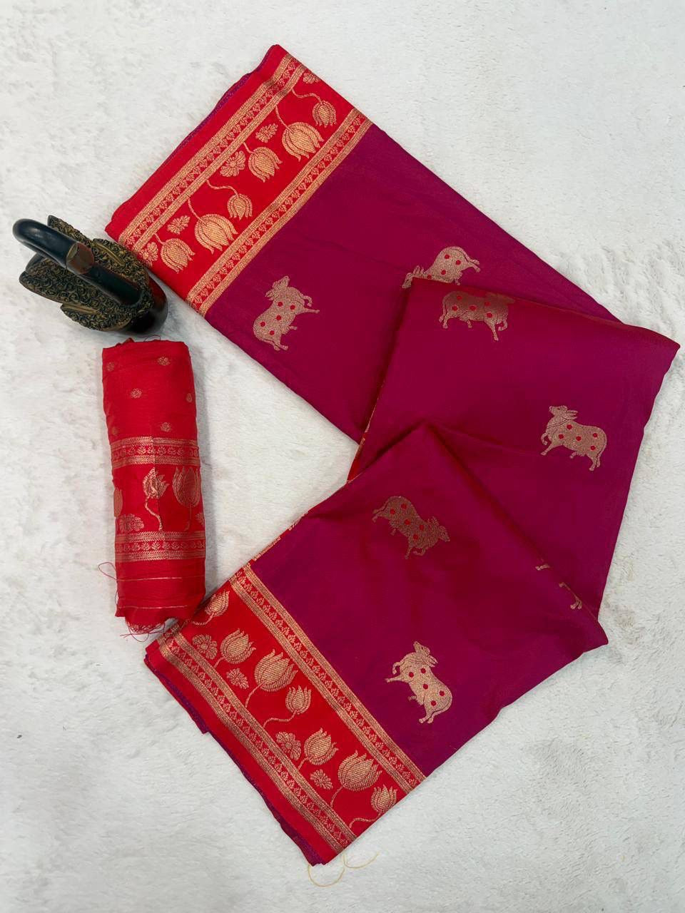 Dark Pink Soft Silk Paithani Saree with Nandhi Motifs