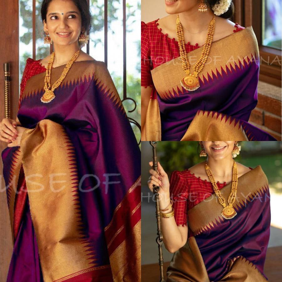 Purple Red Cotton Silk Gold Weaving Saree