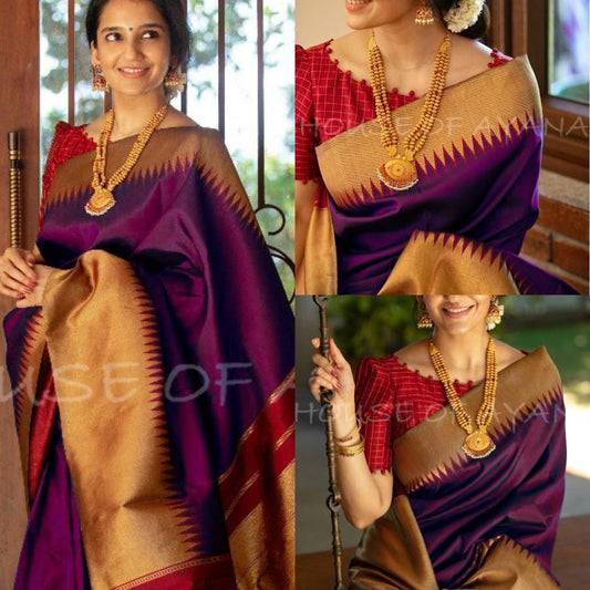 Purple Red Cotton Silk Gold Weaving Saree