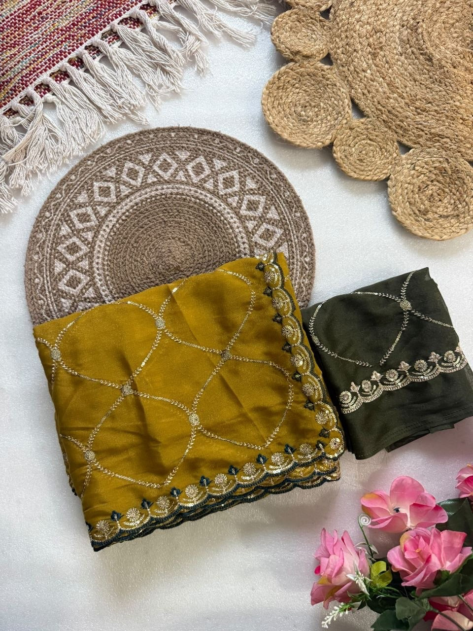 Mustard Georgette Saree with Embroidery & Sequence Work