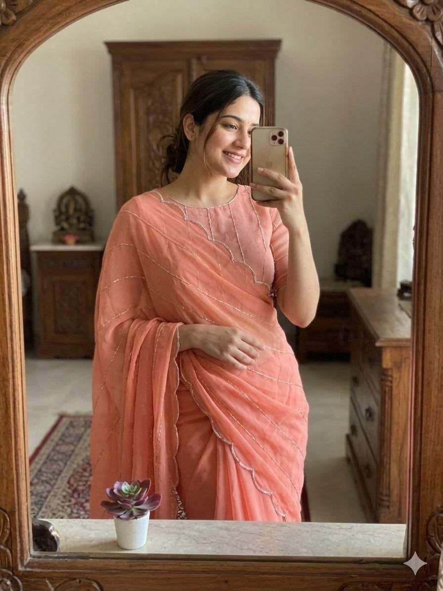 Coral Elegant Georgette Saree with Handwork