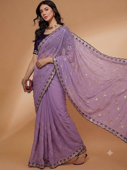 Lavender Georgette Saree with Embroidery & Sequence Work