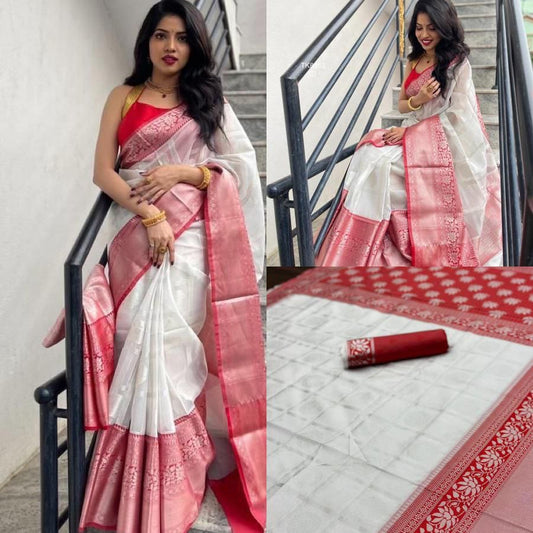 White Red Border Cotton Silk Gold Weaving Saree