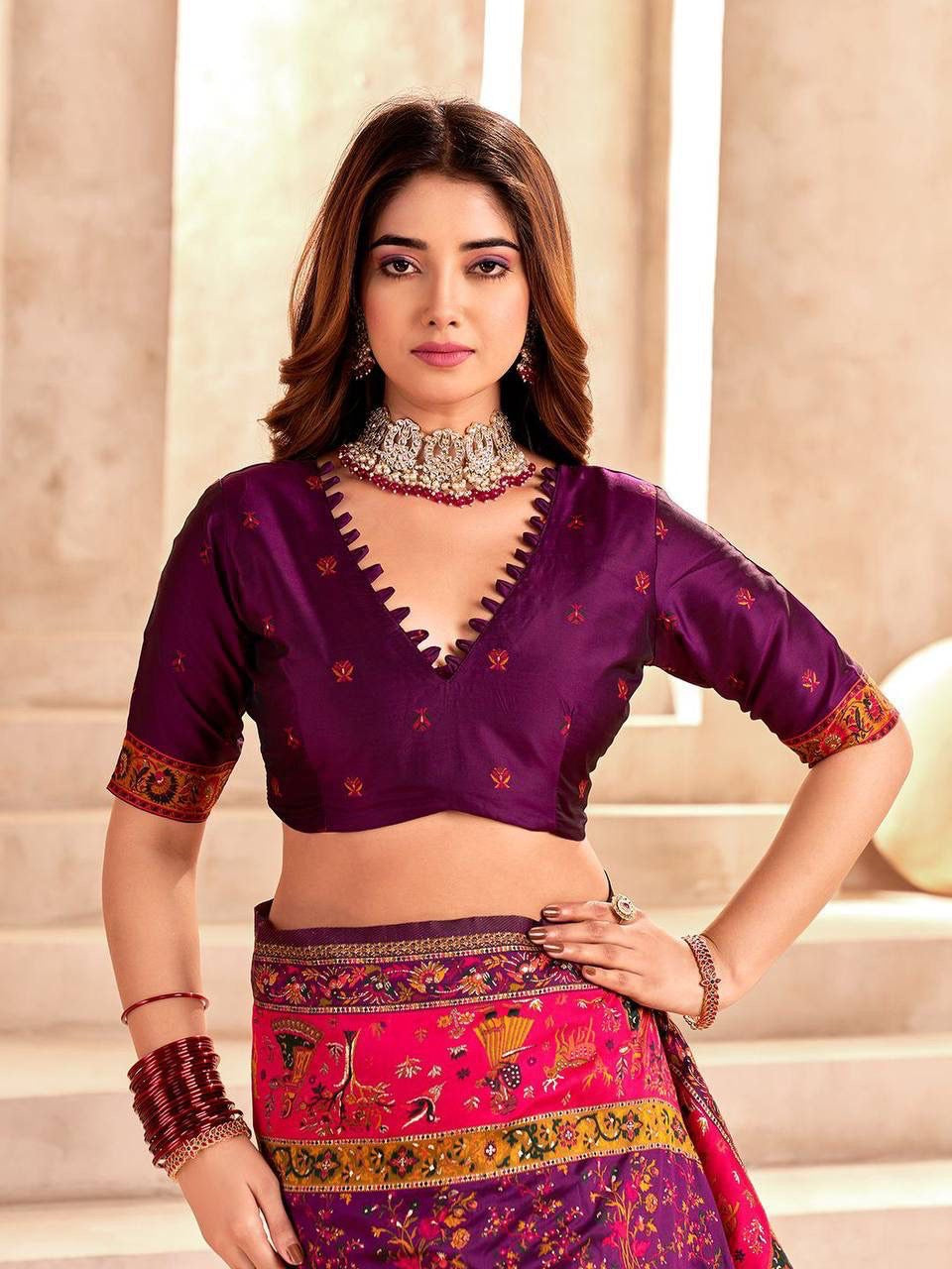 Purple Soft Rajwadi Pashmina Silk Weaving Saree