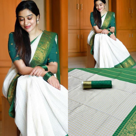 White Checker Cotton Silk Gold Weaving Saree