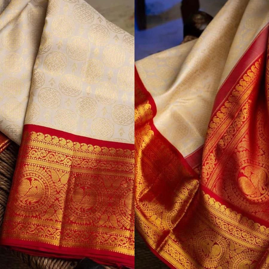 Off White with Red Cotton Silk Gold Weaving Saree