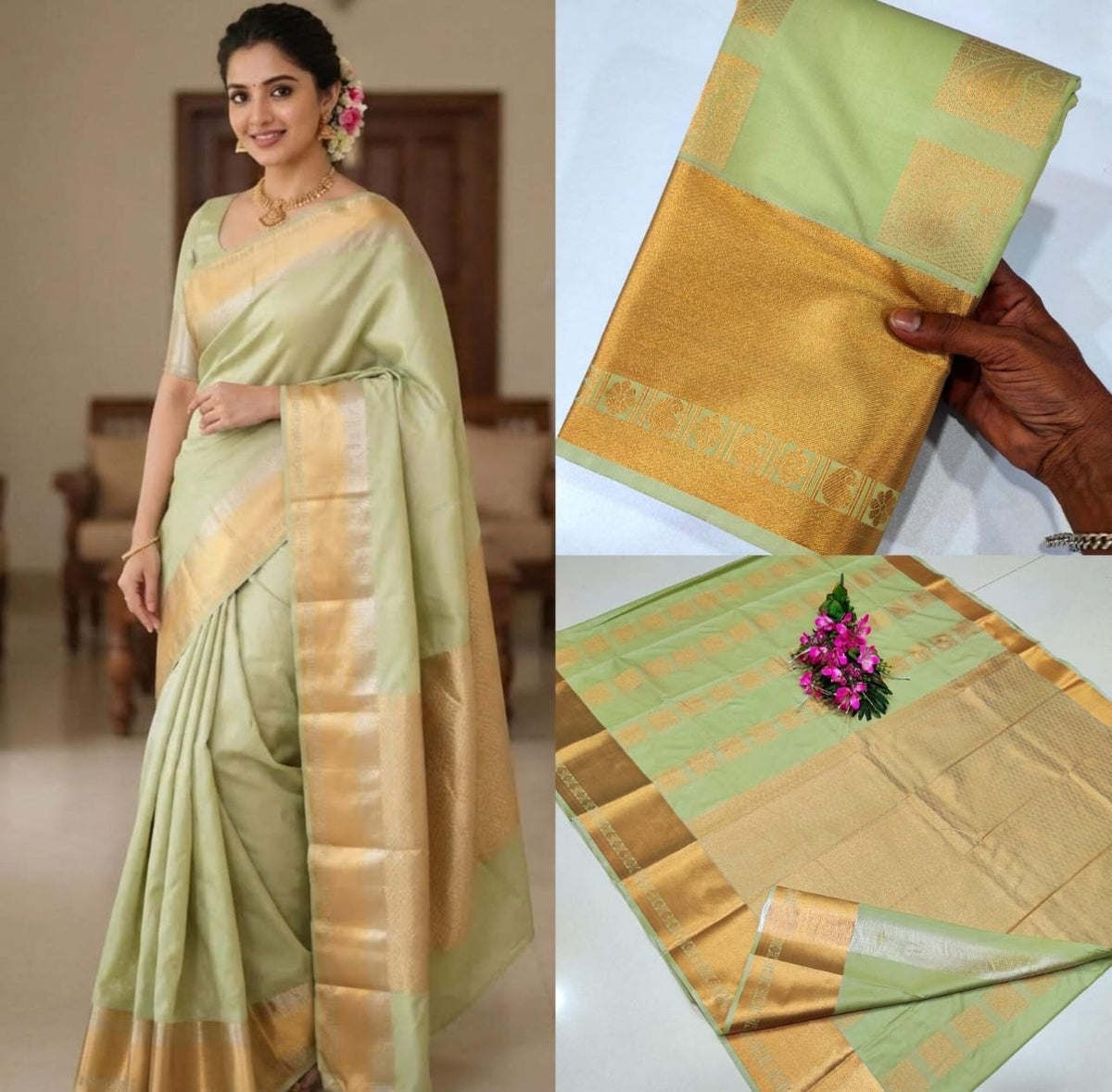 Pastel Green Kanchipuram Handloom Soft Silk Saree