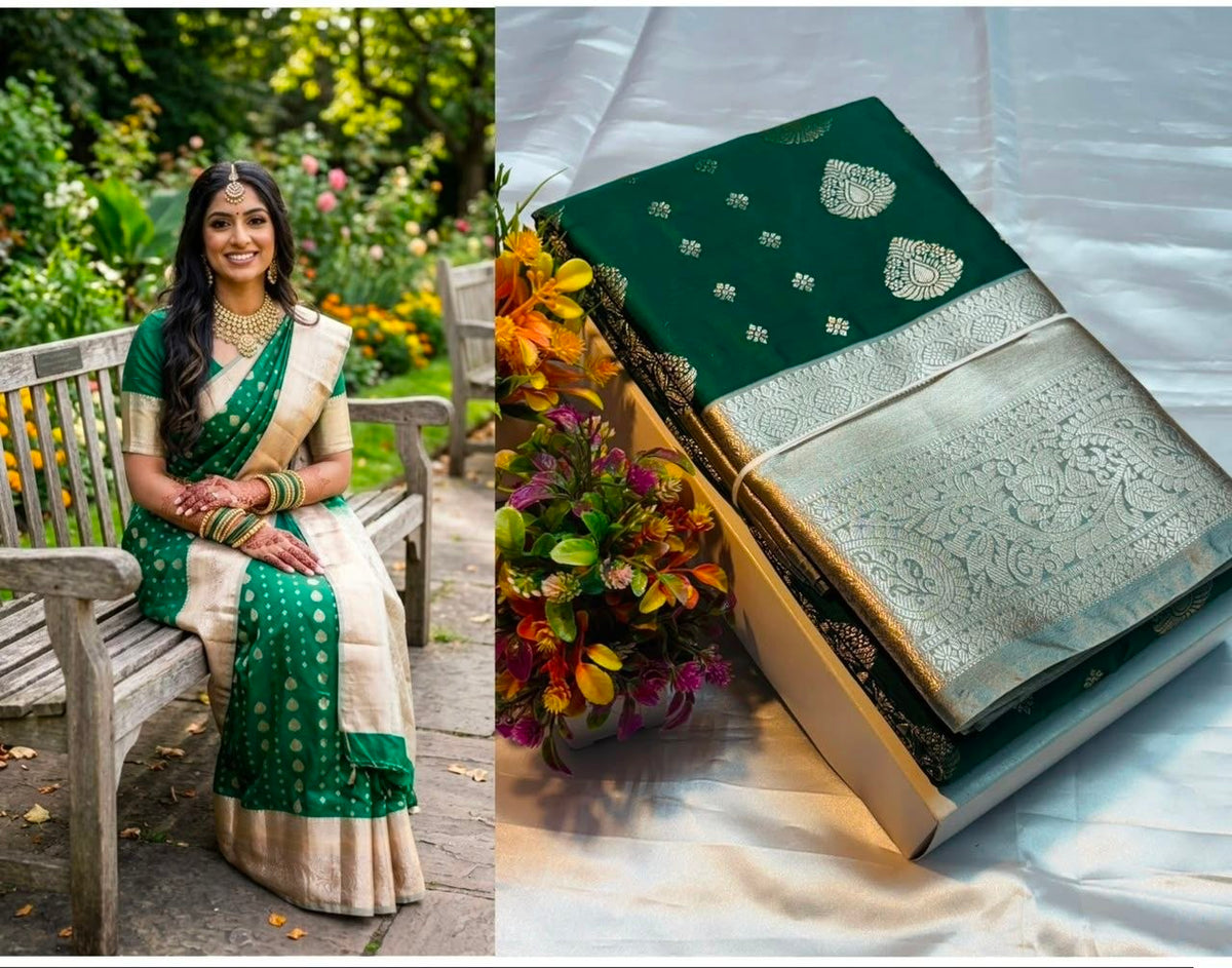Dark Green Luxury Border Pure Silk Soft Silk Saree with Butta work