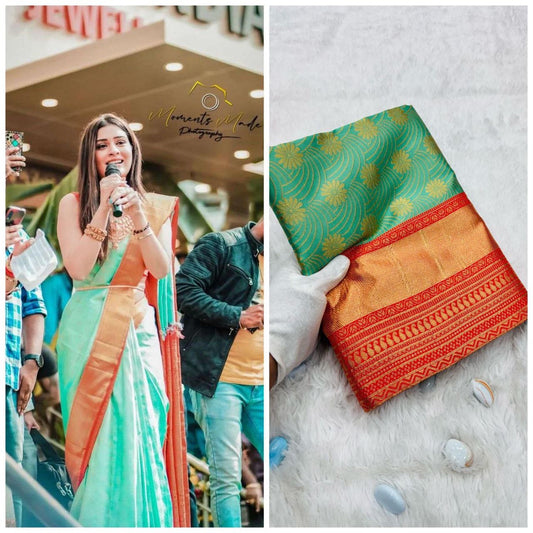 Pista Red Cotton Silk Gold Weaving Saree