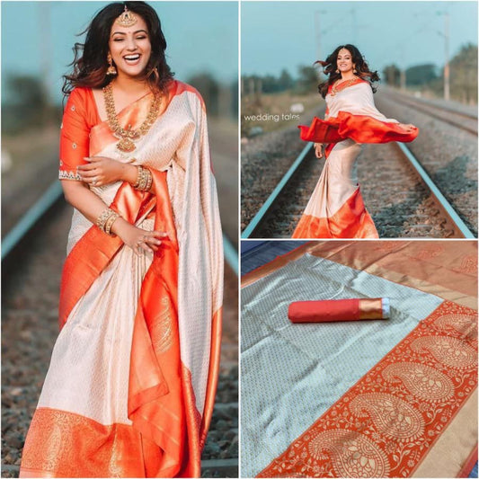 White Heavy Orange Border Cotton Silk Gold Weaving Saree