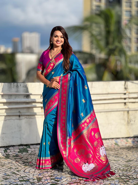 Turquoise Blue Soft Silk Paithani Saree with Nandhi Motifs