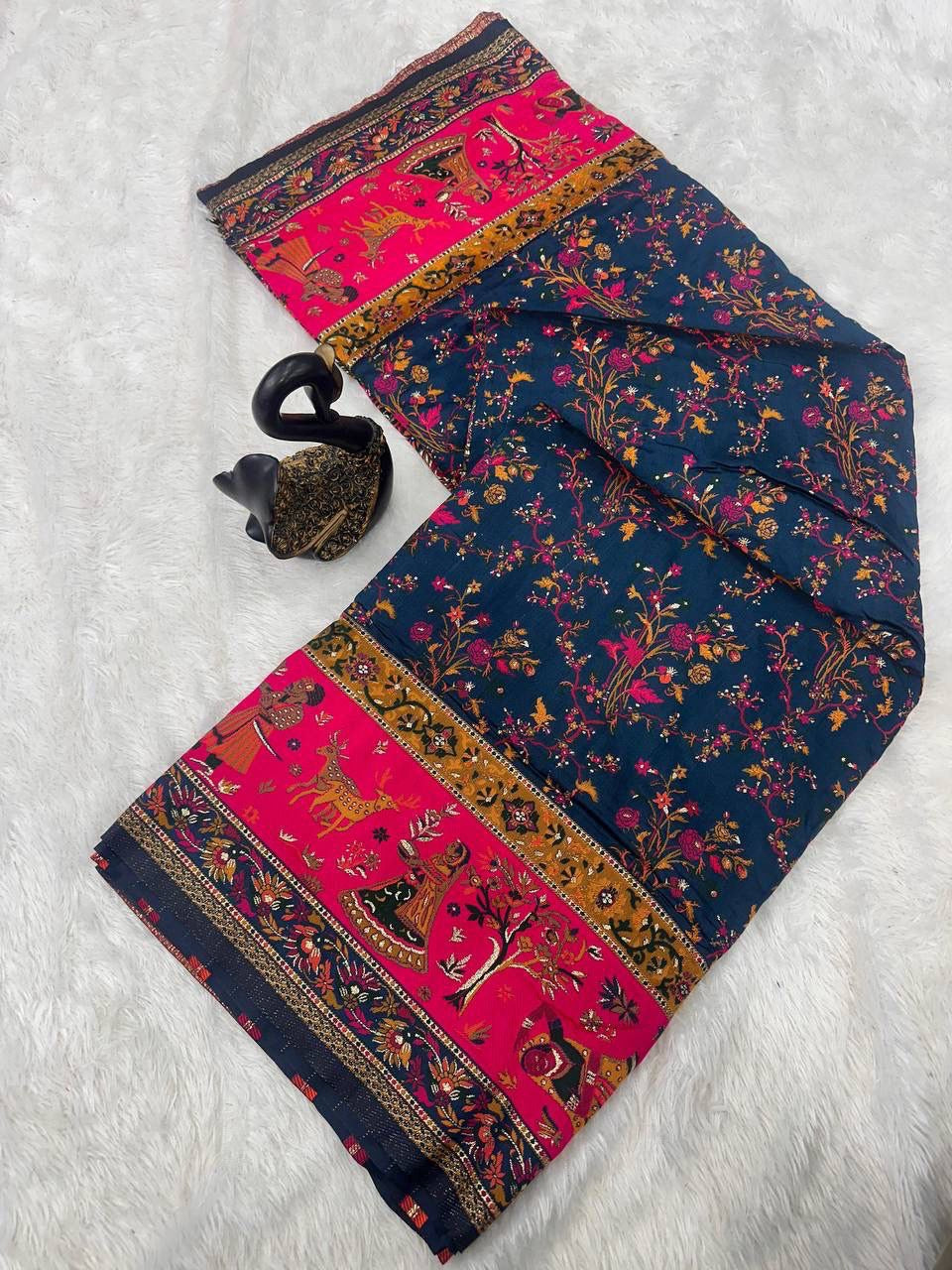 Blue Soft Rajwadi Pashmina Silk Weaving Saree