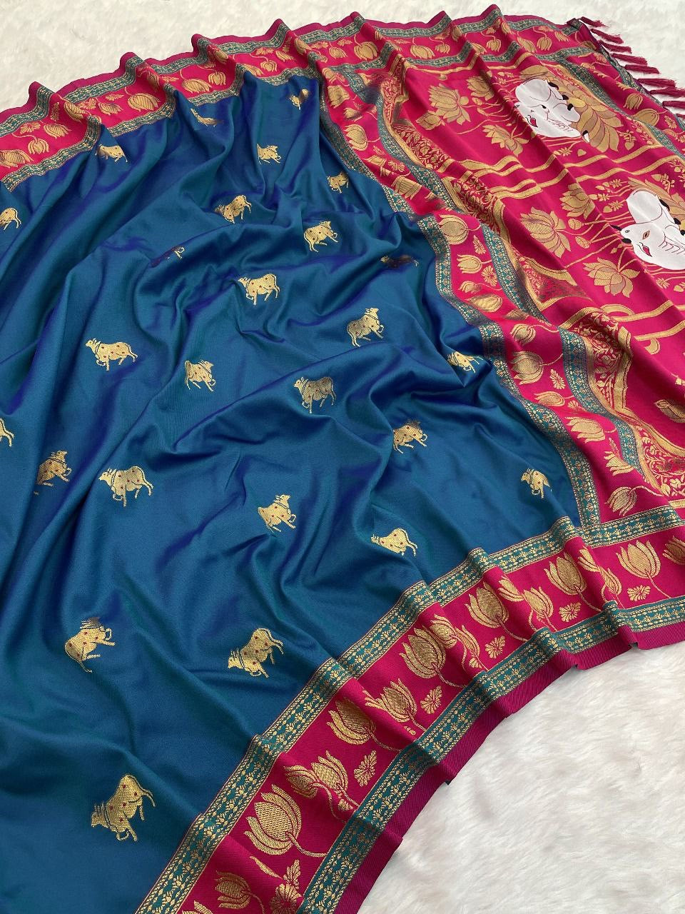 Turquoise Blue Soft Silk Paithani Saree with Nandhi Motifs