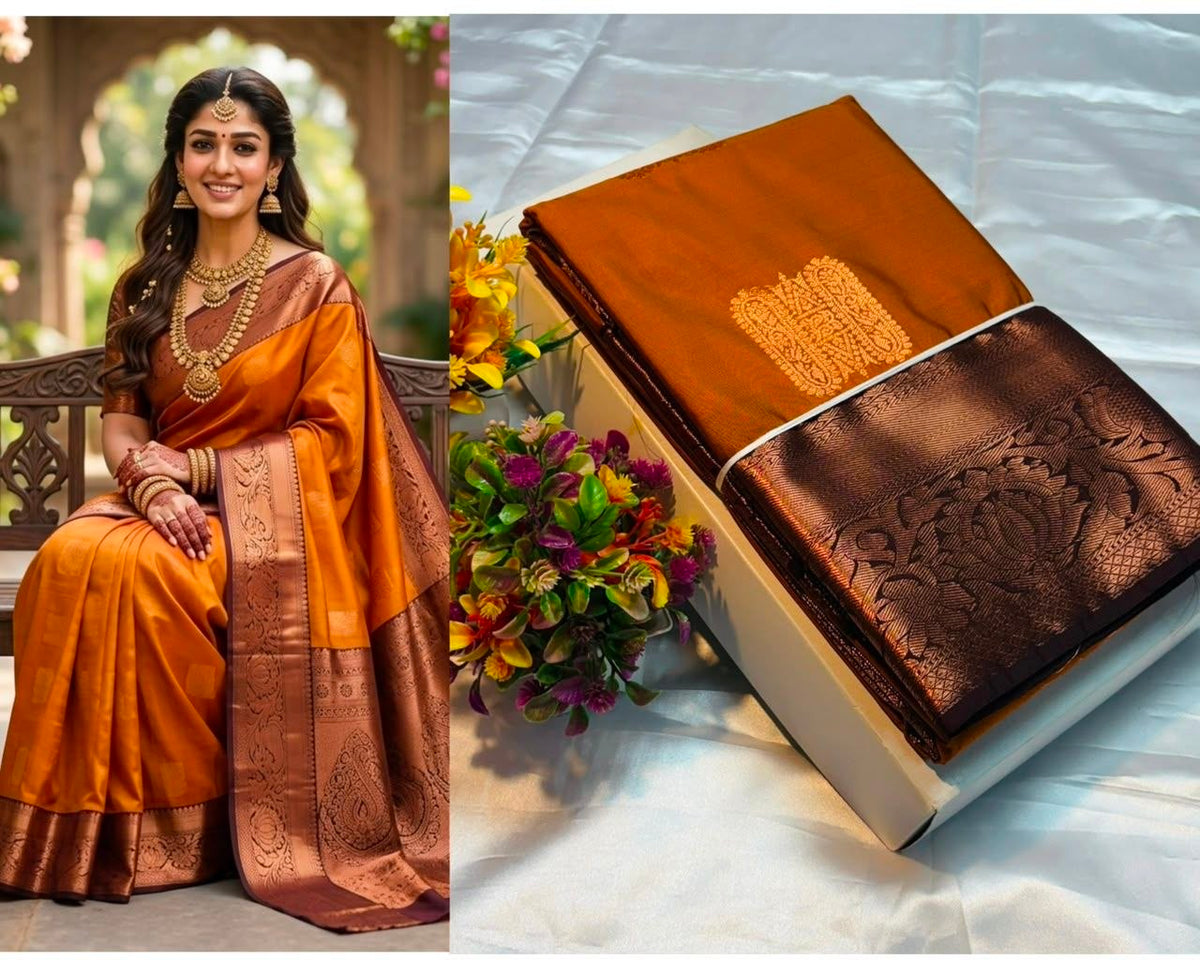 Dark Orange Luxury Border Pure Silk Soft Silk Saree with Butta work