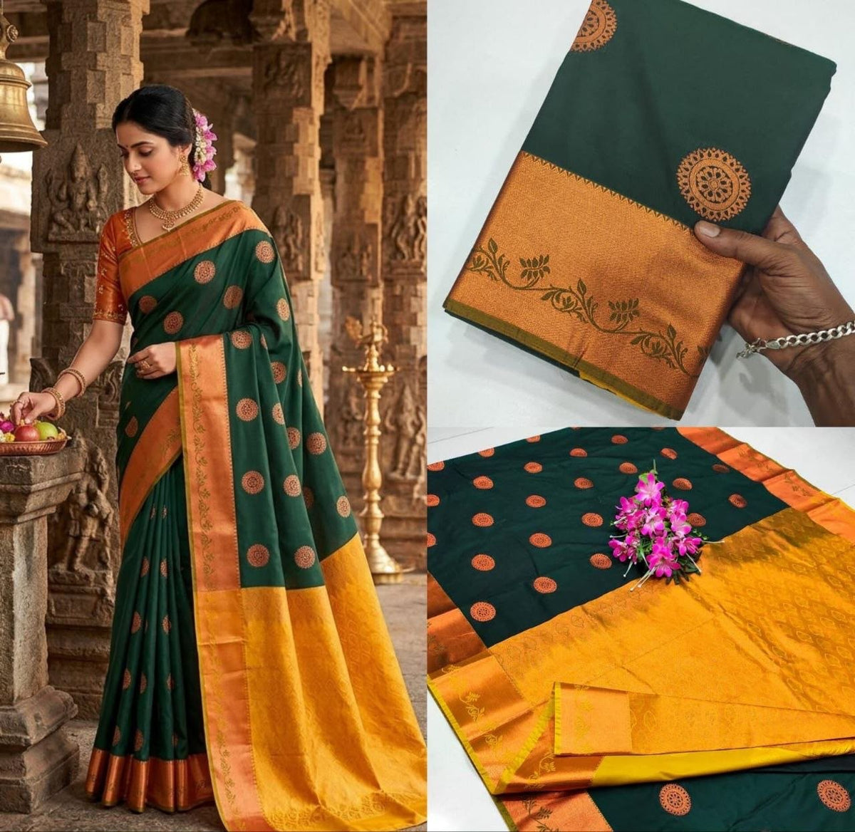 Dark Green Kanchipuram Handloom Soft Silk Saree
