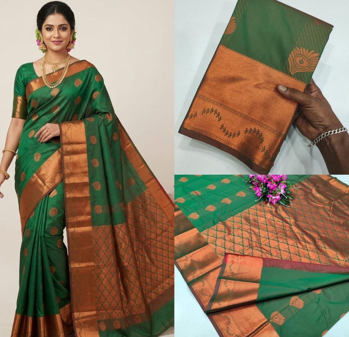 Emerald Green Kanchipuram Handloom Soft Silk Saree