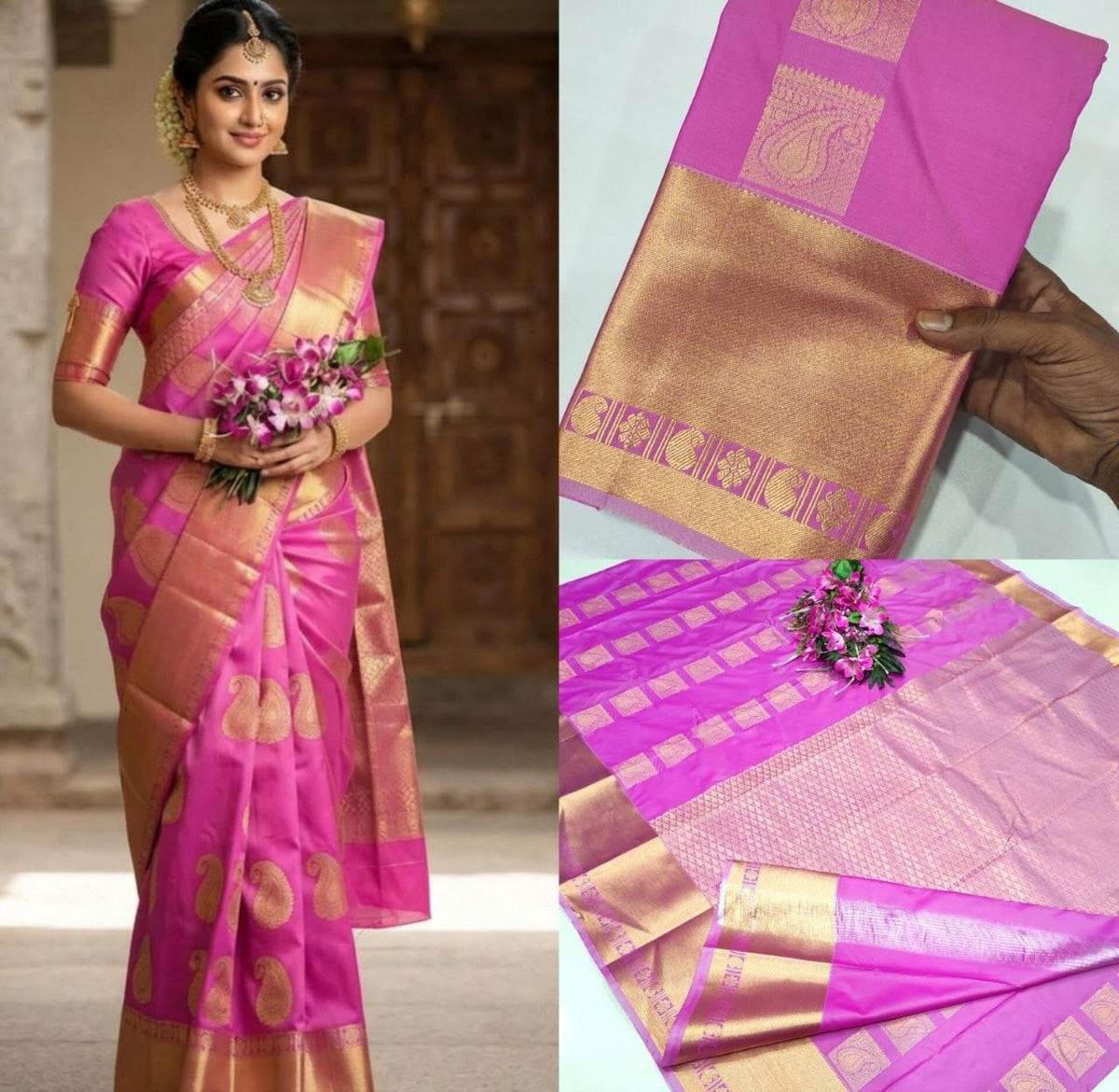 Baby Pink Kanchipuram Handloom Soft Silk Saree