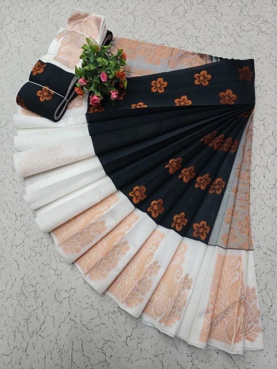 Ivory White with Black Uppada Kotanji Contrast Border Silk Cotton Sarees