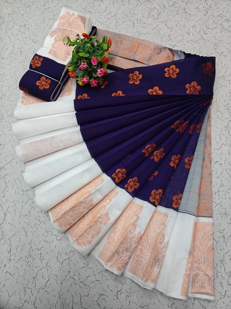 Navy Blue Uppada Kotanji Contrast Border Silk Cotton Sarees