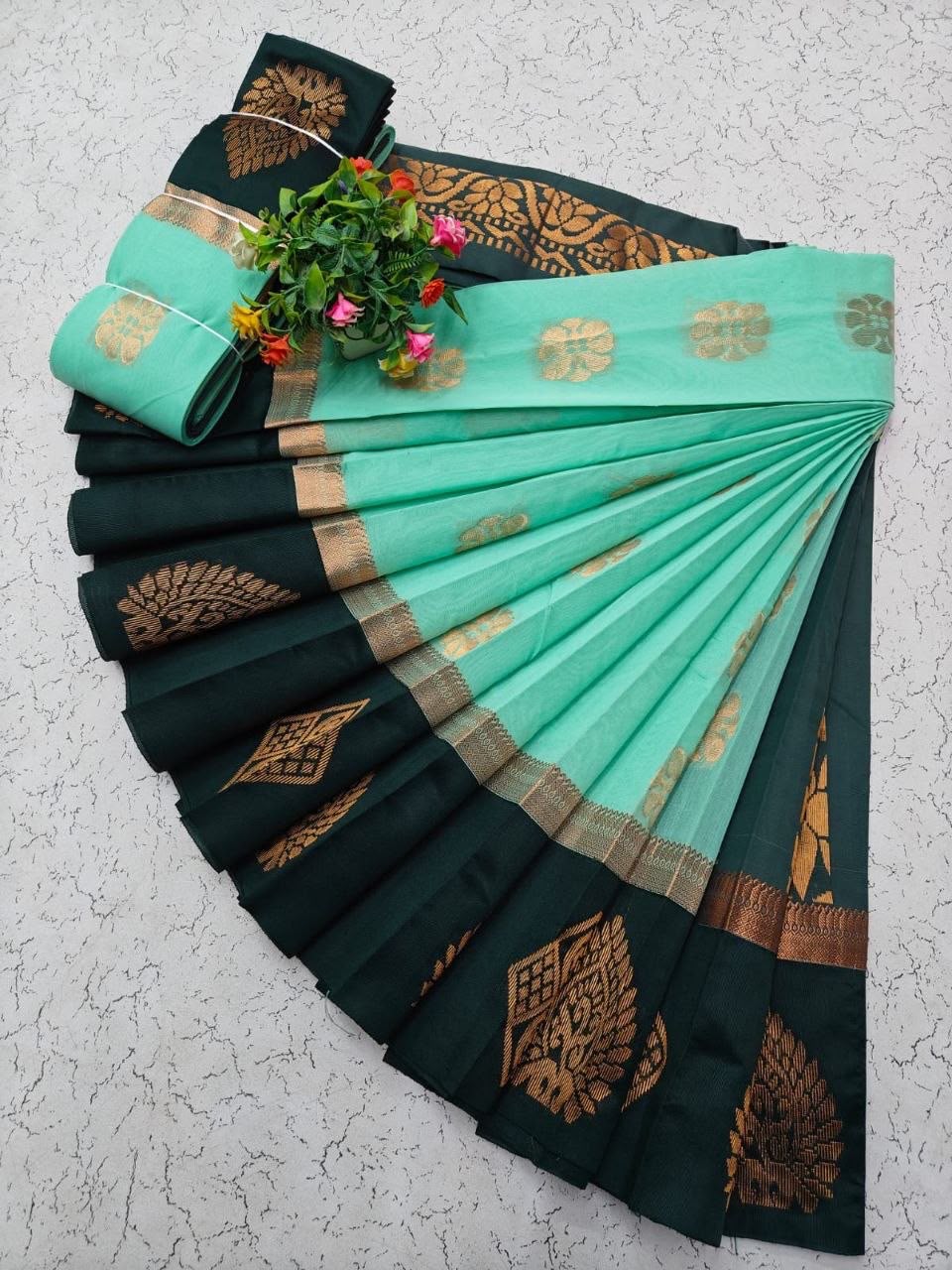 Mint Aqua with Bottle Green Uppada Kotanji Contrast Border Silk Cotton Sarees