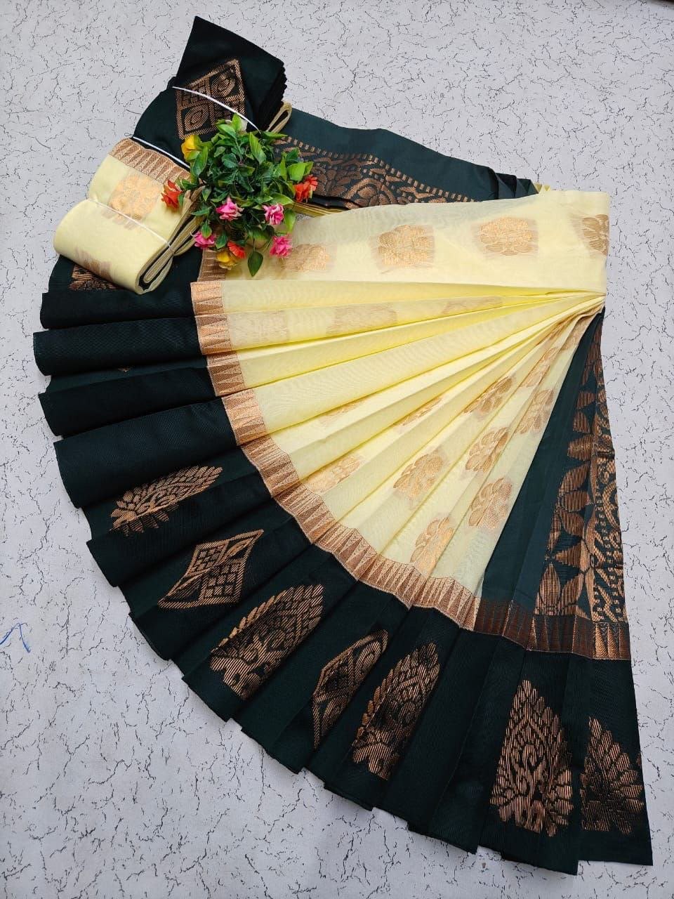Lemon Yellow with Bottle Green Uppada Kotanji Contrast Border Silk Cotton Sarees