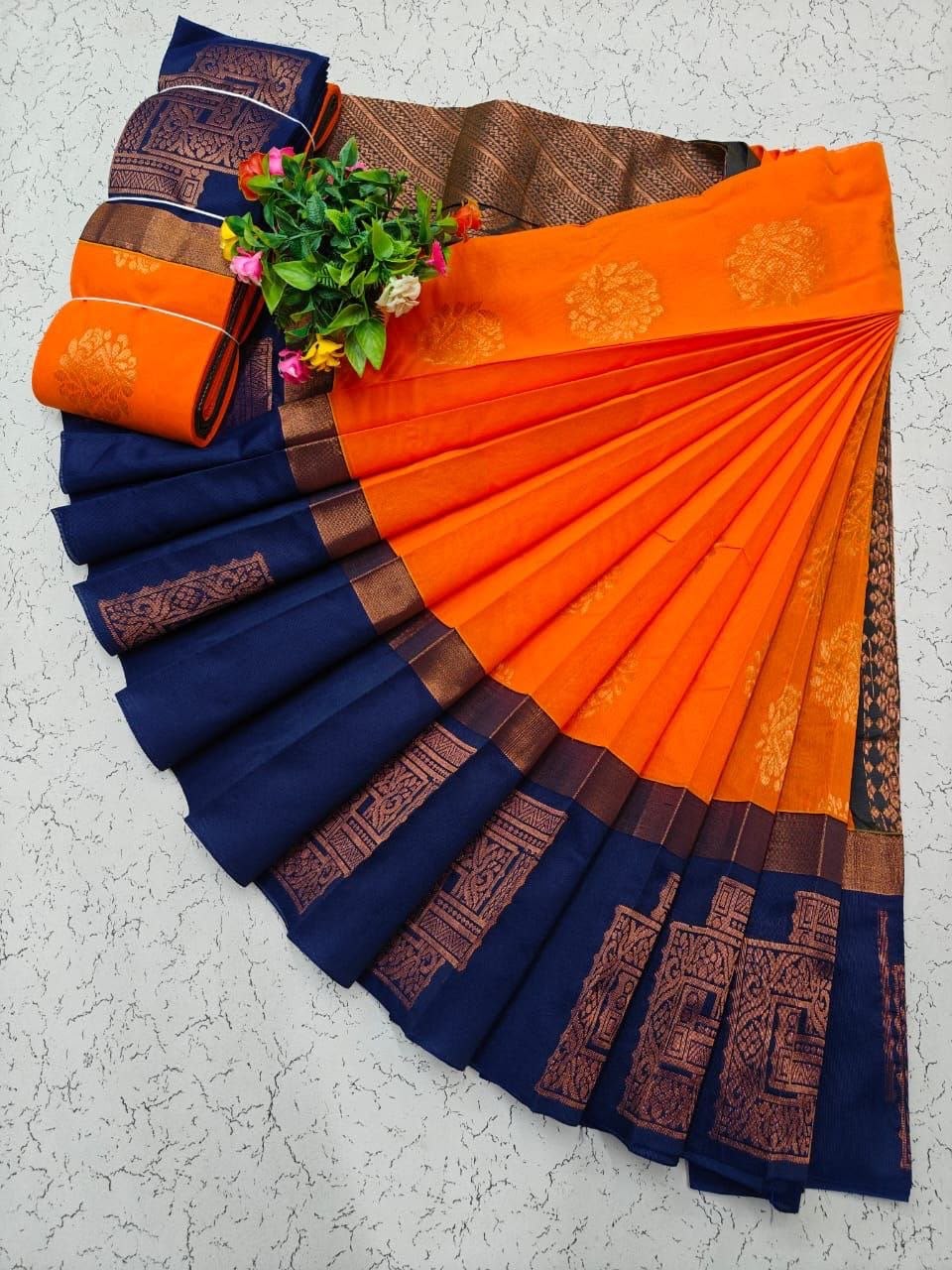 Bright Orange with Navy Blue Uppada Kotanji Contrast Border Silk Cotton Sarees