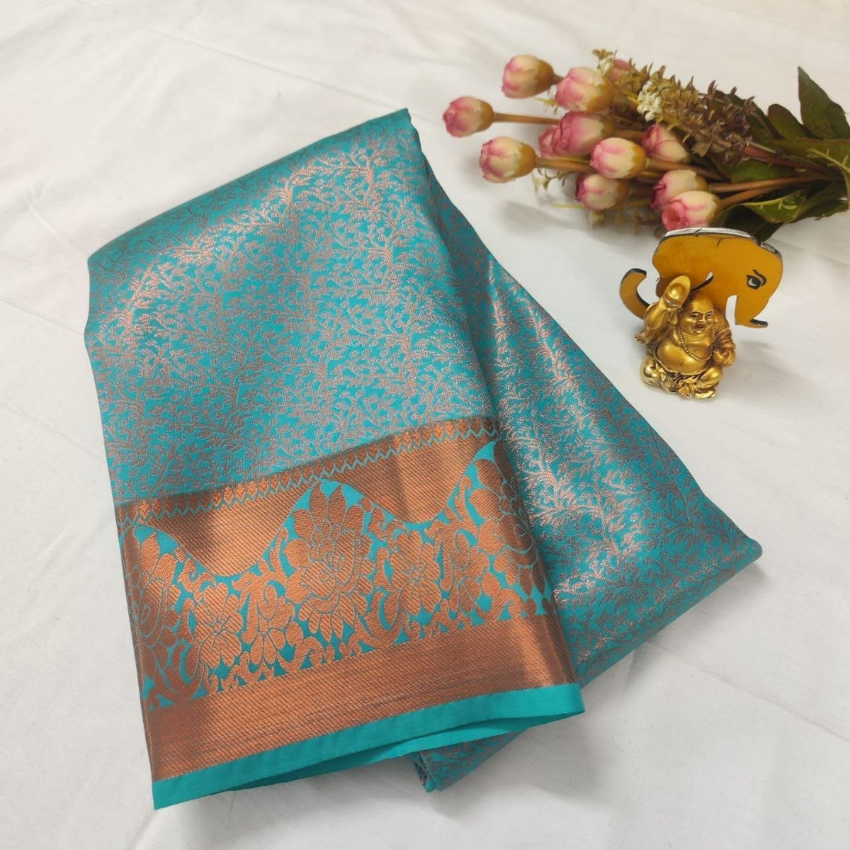 Turquoise Blue with Copper Rose-Gold Exclusive Bridal Saree Collection