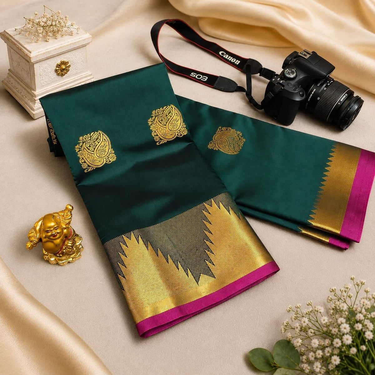 Bottle Green with Gold & Rani Pink Shining Fusion Soft Silk Sarees