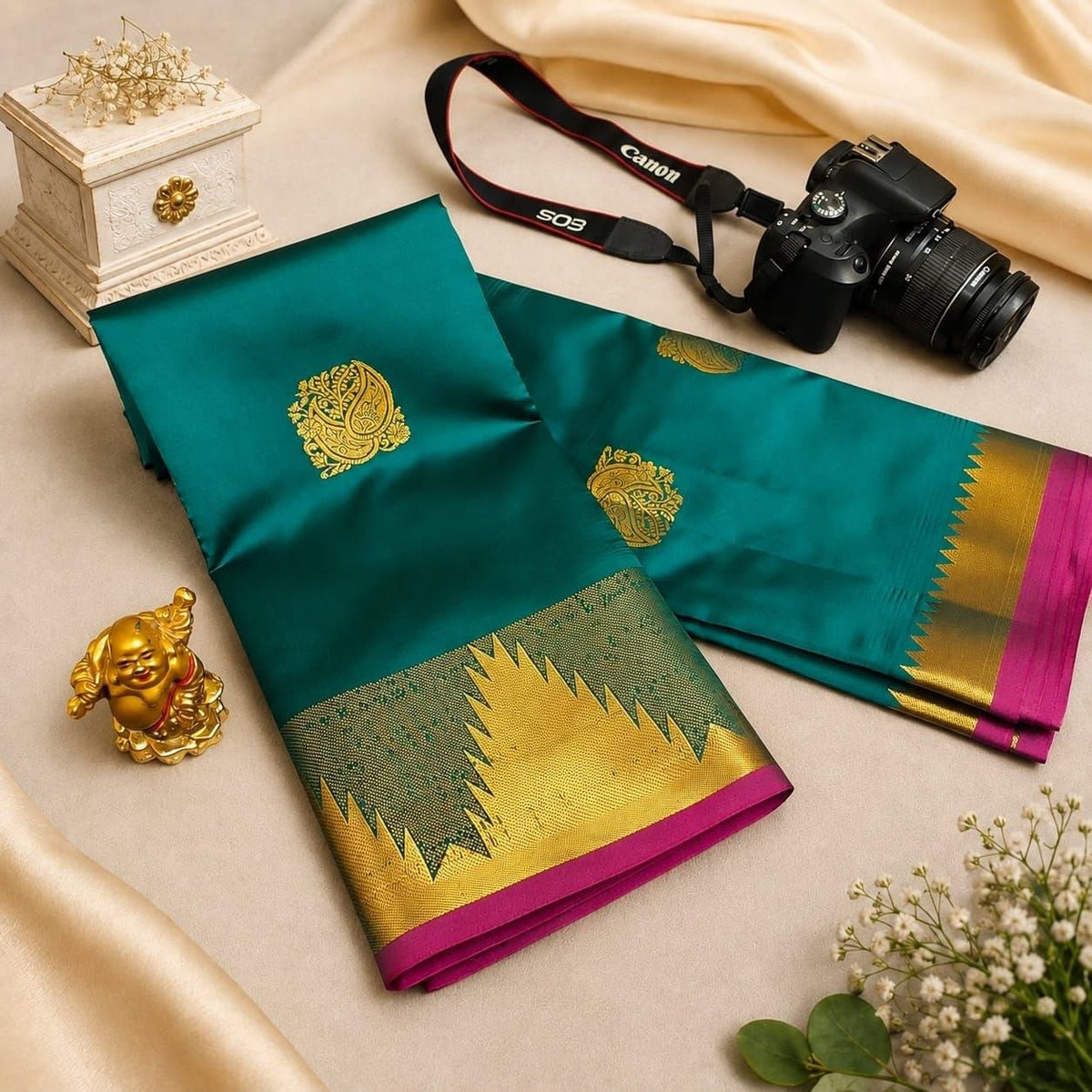 Peacock Teal Shining Fusion Soft Silk Sarees