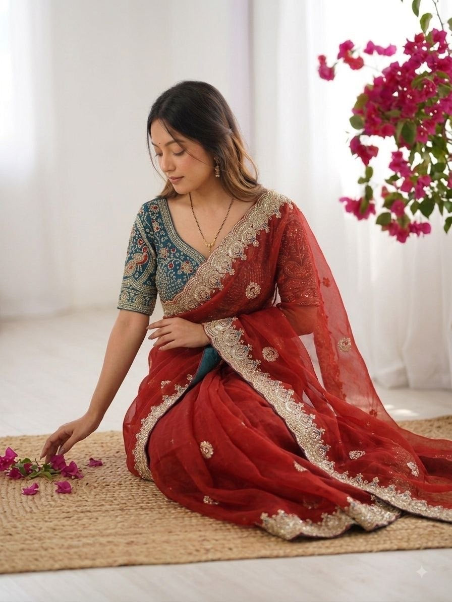 Premium Designer Space Silk Saree with Heavy Embroidered Readymade blouse