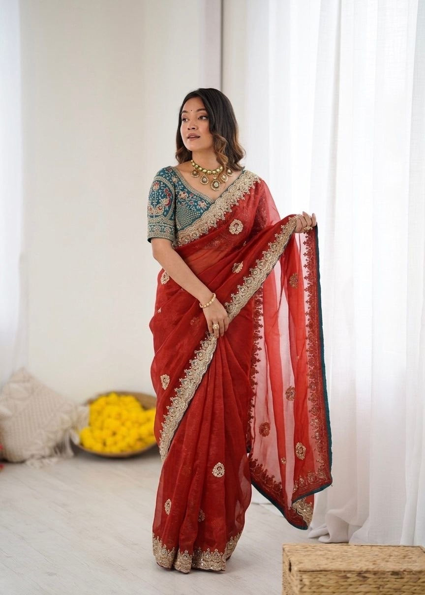 Premium Designer Space Silk Saree with Heavy Embroidered Readymade blouse