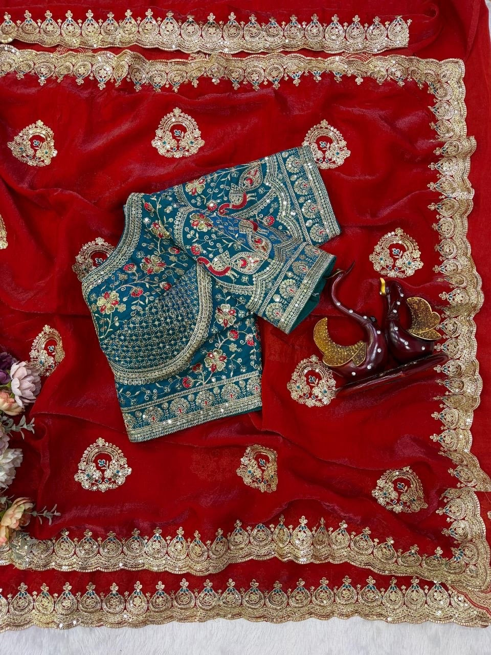 Premium Designer Space Silk Saree with Heavy Embroidered Readymade blouse