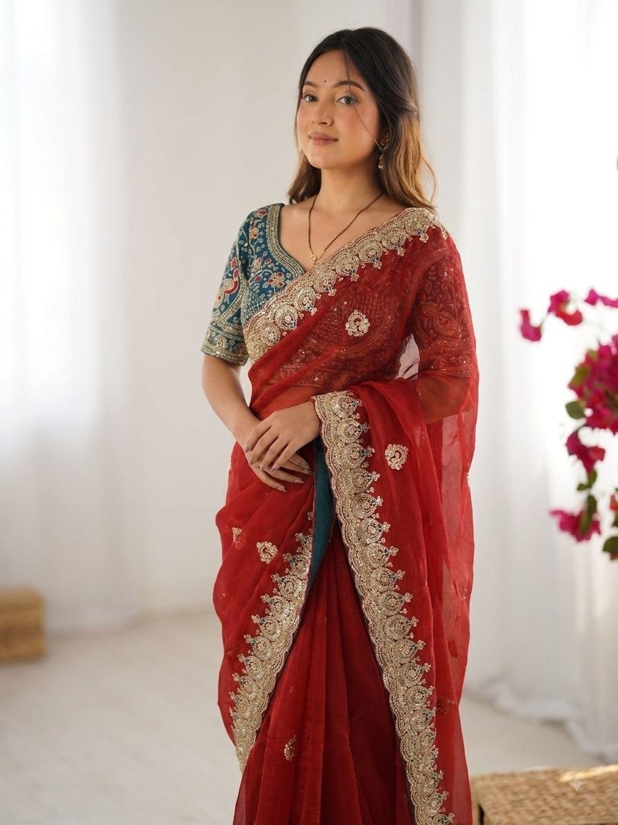 Premium Designer Space Silk Saree with Heavy Embroidered Readymade blouse
