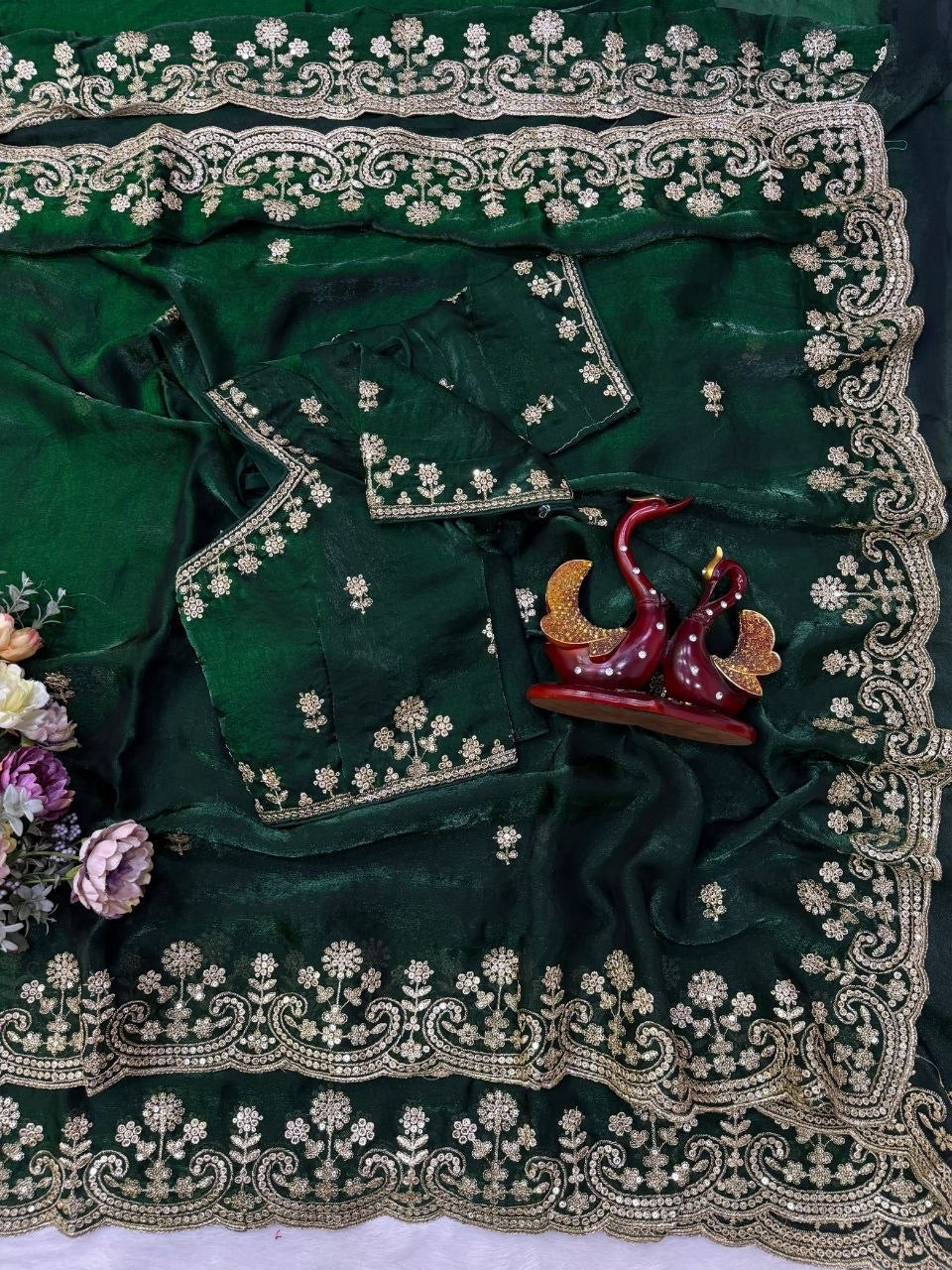 Dark Green Two Tone Space Silk Zari Work Designer Saree with Readymade Blouse