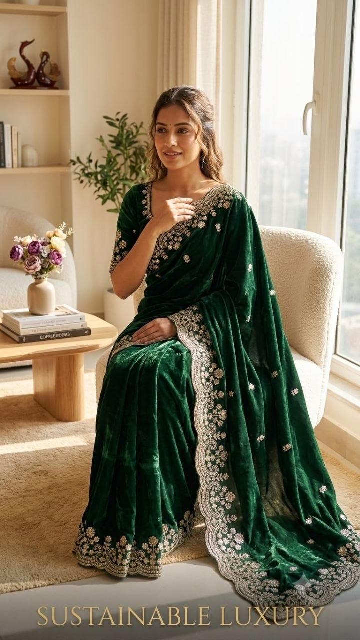 Dark Green Two Tone Space Silk Zari Work Designer Saree with Readymade Blouse