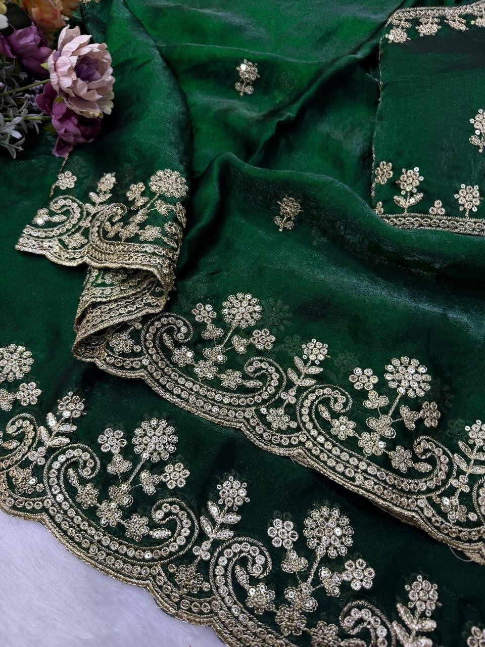 Dark Green Two Tone Space Silk Zari Work Designer Saree with Readymade Blouse
