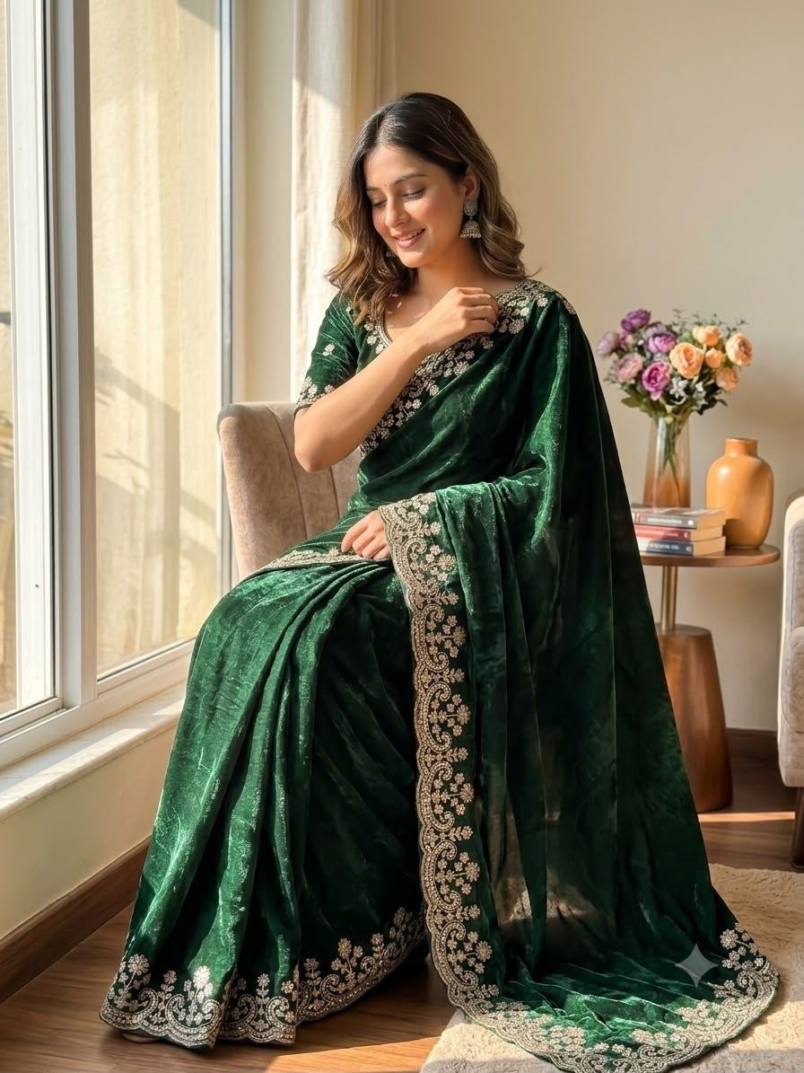 Dark Green Two Tone Space Silk Zari Work Designer Saree with Readymade Blouse