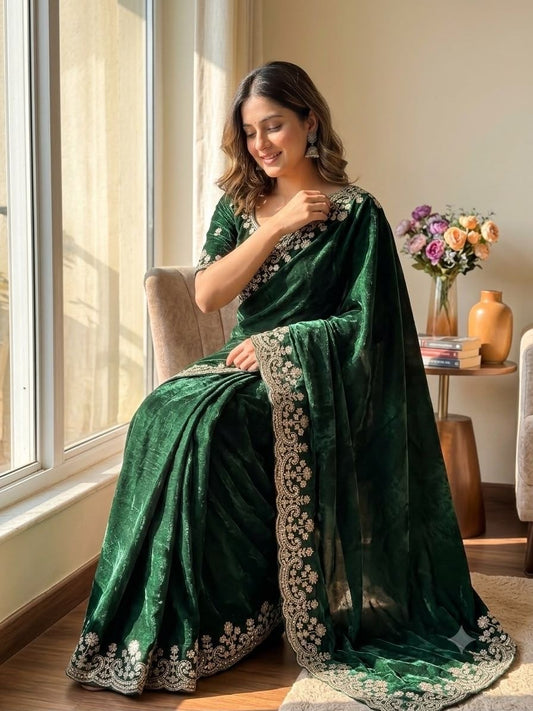 Dark Green Two Tone Space Silk Zari Work Designer Saree with Readymade Blouse