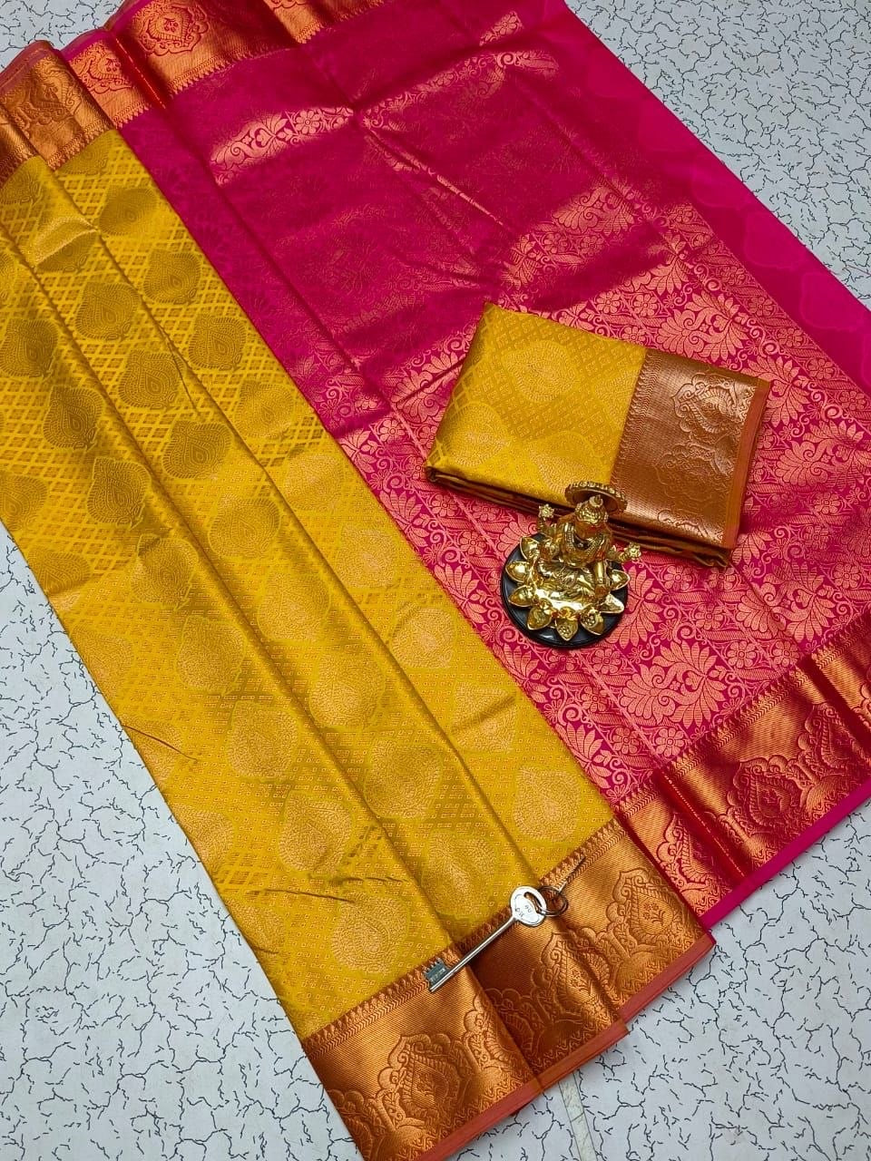 Mango Yellow with Pink Dharmavaram Style Original Korvai Silk Wedding Saree
