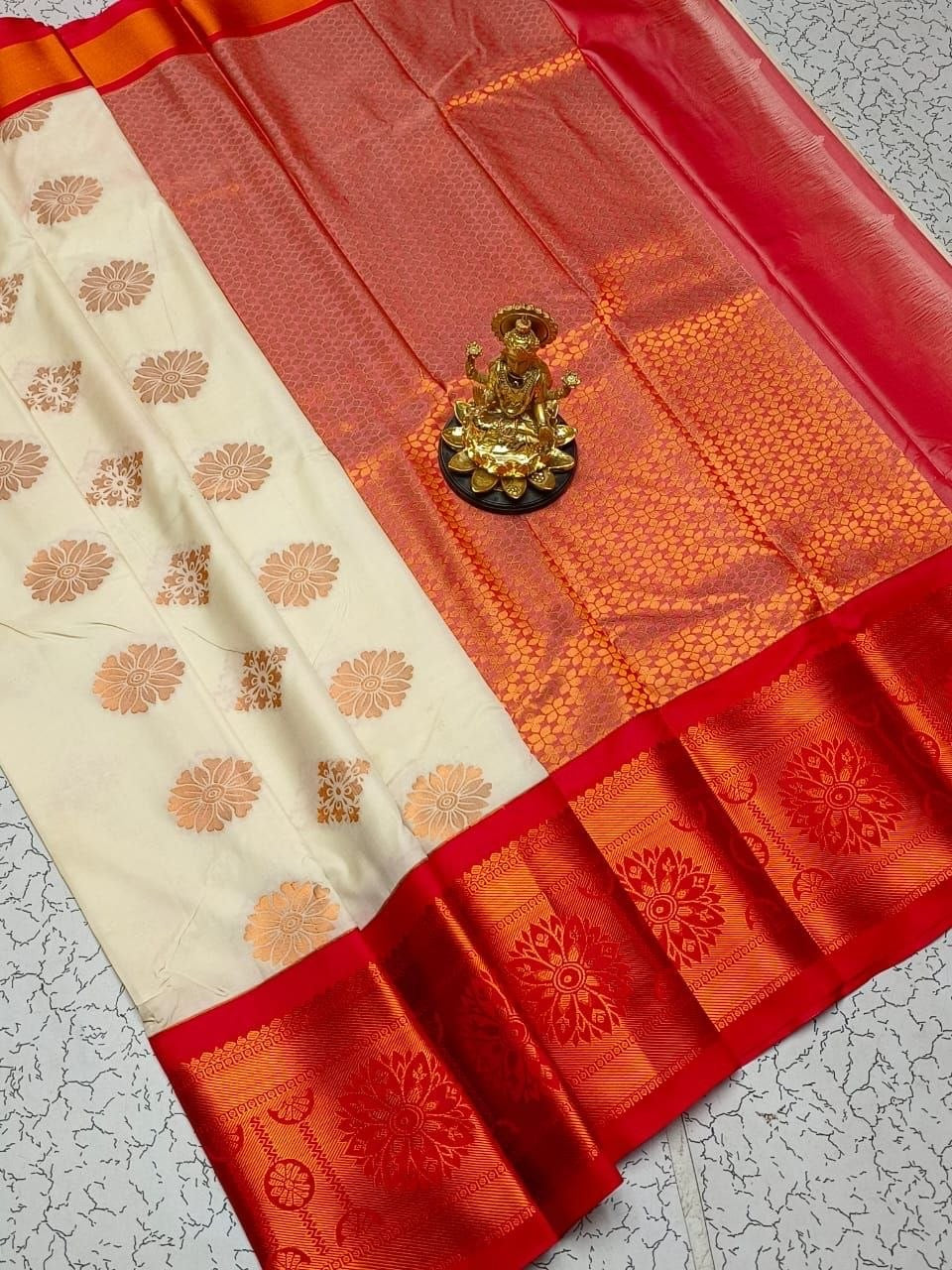 Cream with Red Dharmavaram Style Original Korvai Silk Wedding Saree