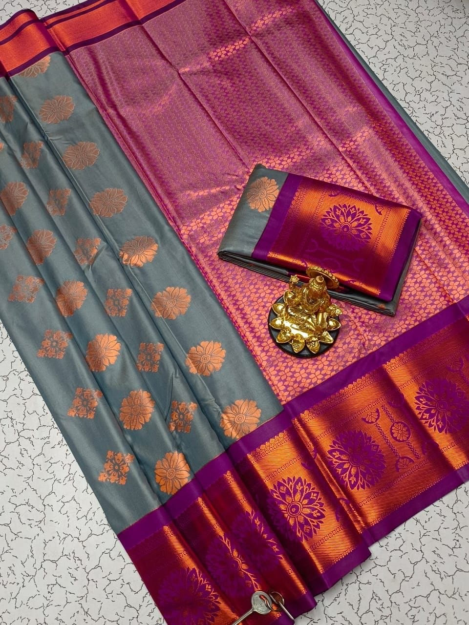 Grey with Majenta Dharmavaram Style Original Korvai Silk Wedding Saree