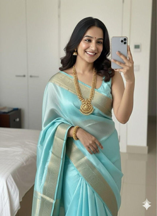 Light Blue Soft Silk Pure Zari Weaving Saree